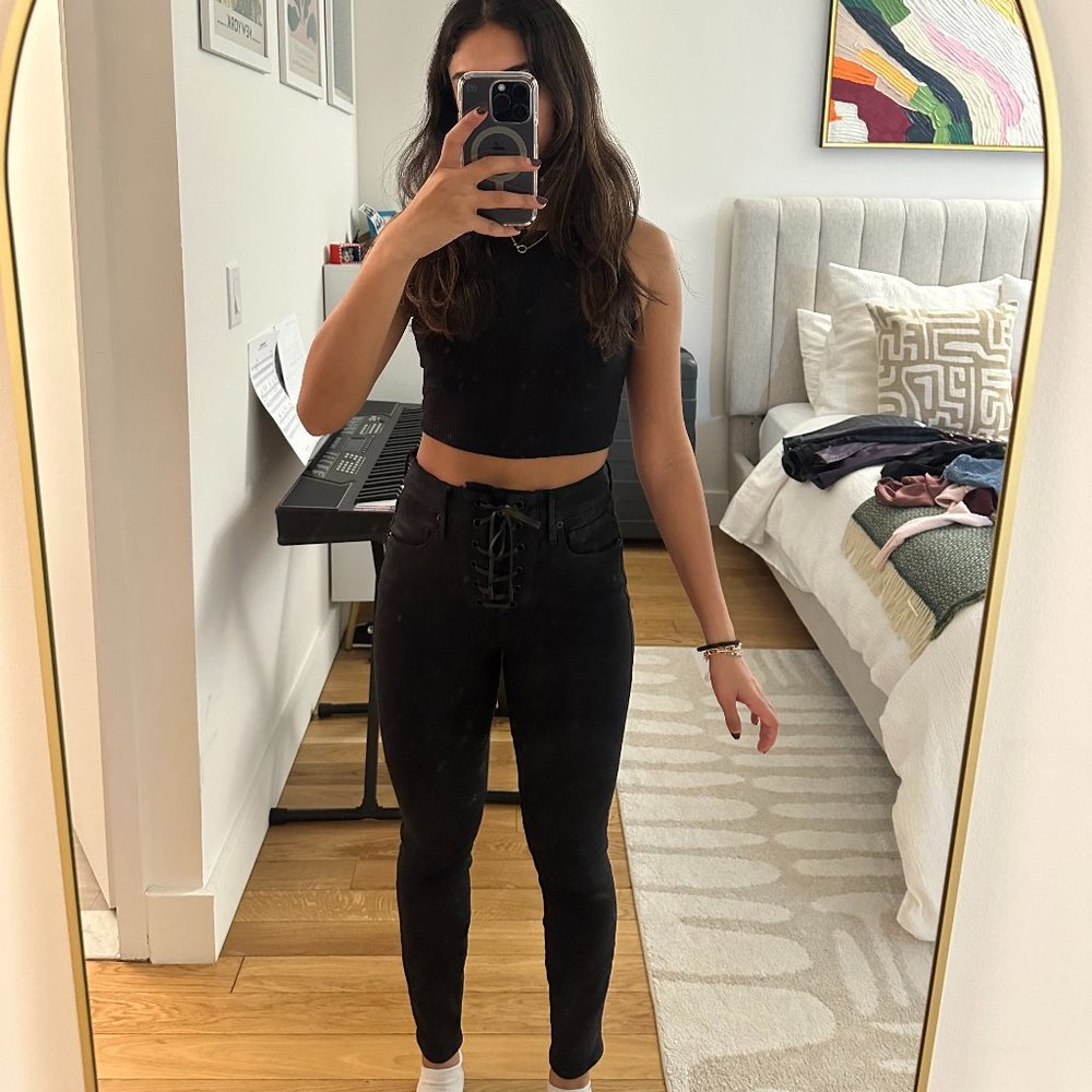 Good American Good Waist Waxed Lace Up Jeans